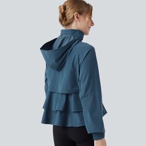 NWT Halara SZ L *Blue Ashes* Mesh Ruffle Hem Workout Jacket with Pocket